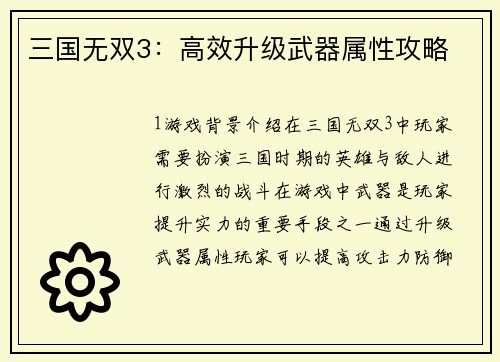 三国无双3：高效升级武器属性攻略